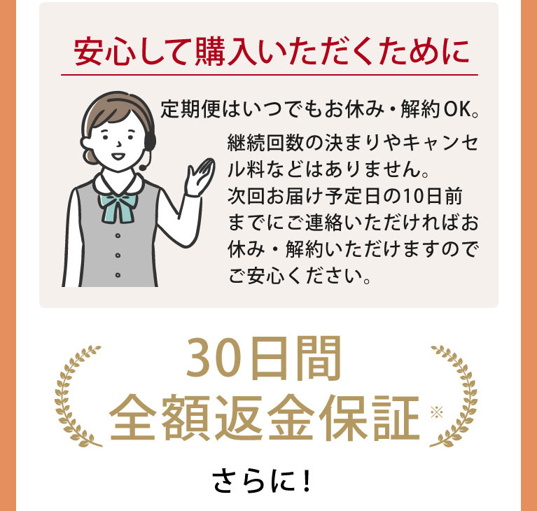 安心してお試しいただくために、定期便の回数の縛りなし。肌トラブルがあった方は、30日間返金保証付き