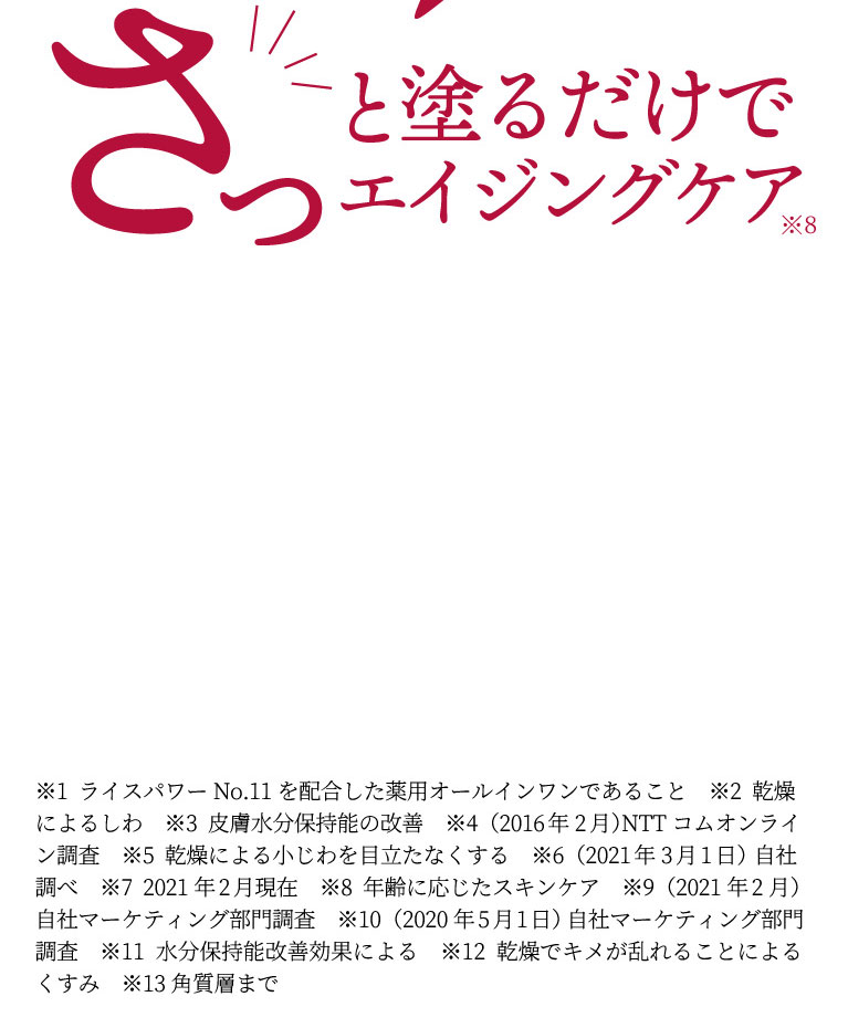 注釈。※1 ライスパワーNo.11を配合した薬用オールインワンであること、※2 乾燥によるしわ、※3 皮膚水分保持能の改善、※4（2016年2月）NTTコムオンライン調査、※5 乾燥による小じわを目立たなくする、※6（2021年3月1日）自社調べ、※7 2021年2月現在、※8 年齢に応じたスキンケア、※9（2021年2月）自社マーケティング部門調査、※10（2020年5月1日）自社マーケティング部門調査、※11 水分保持能改善効果による、※12 乾燥でキメが乱れることによるくすみ、※13角質層まで